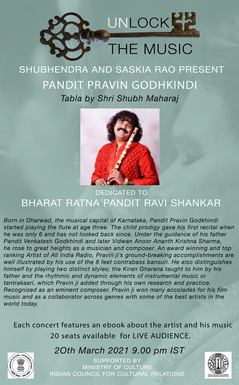 Live Concert livestreaming - Pandit Pravin Godhkindi accompanied by Shri Shubh Maharaj on the Tabla on 20 March 2021 at 1630 hrs